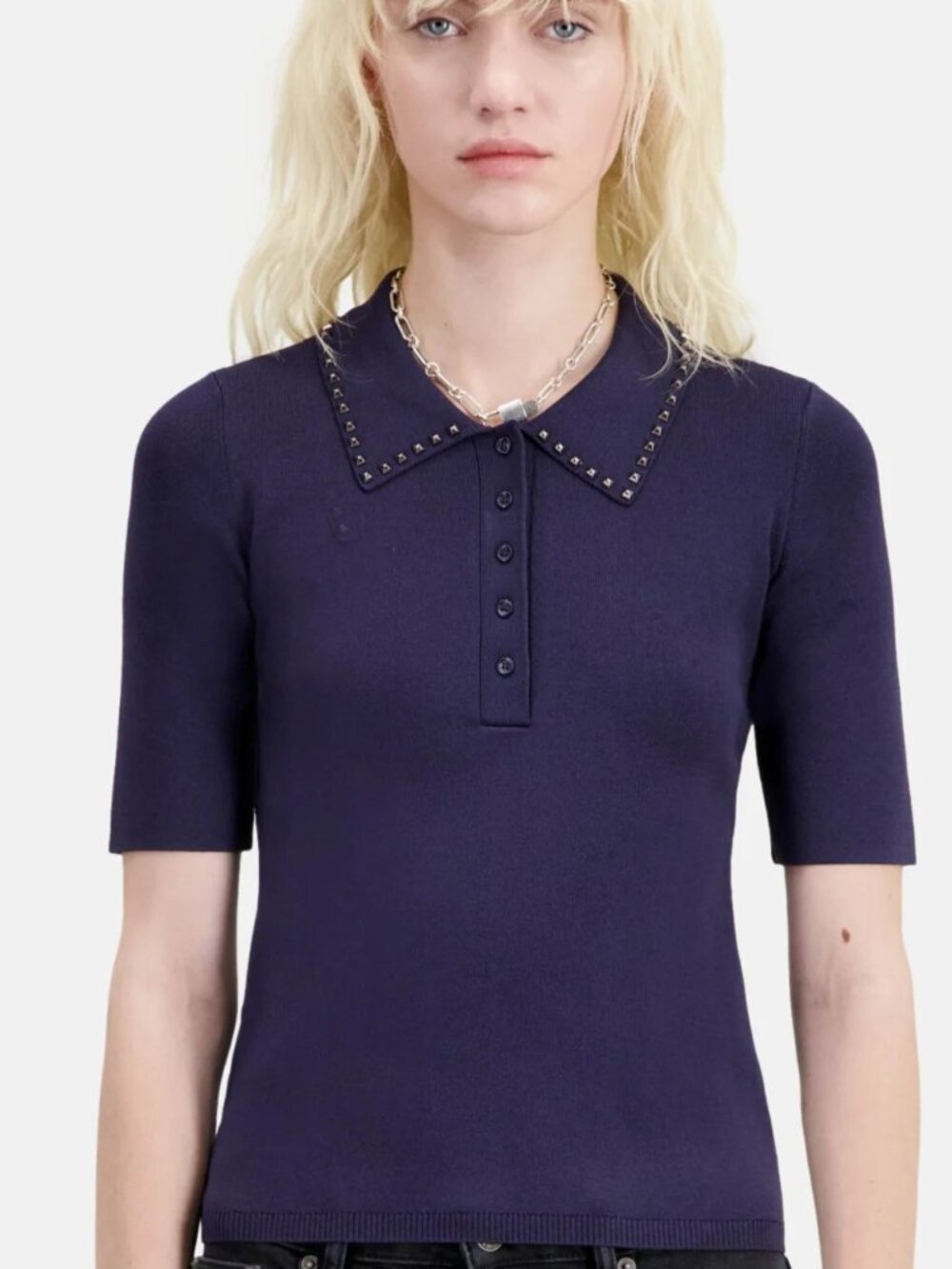The Kooples Navy Stud-Trim Short Sleeve Polo